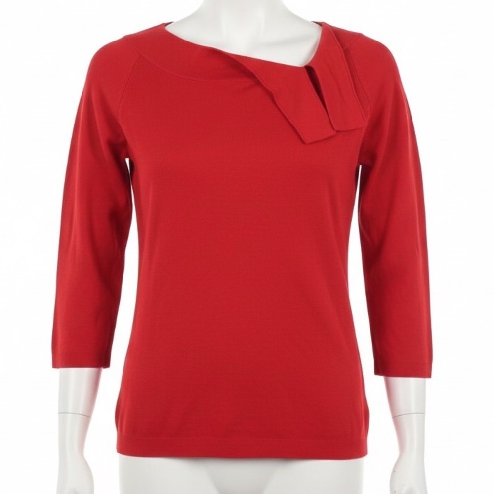 Sweaterworks XL Red Silk Blend Knit Sweater Top Asymmetric Collar Chic Casual